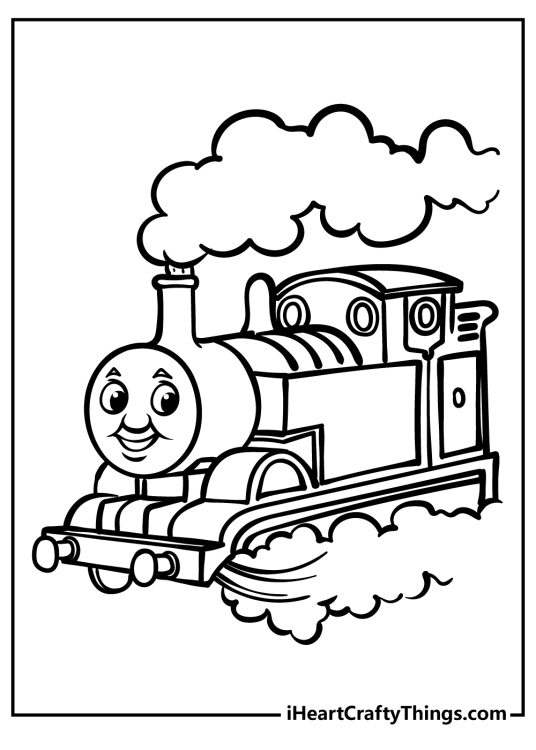 Picture of a Thomas the Train on the move with smoke and steam clouds all around him