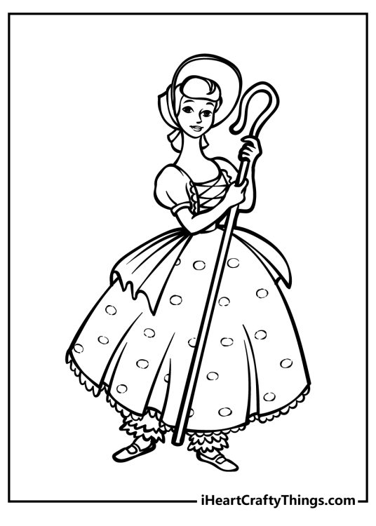 Toy Story-themed printable pdf featuring classic doll Bo Peep in elegant polka-dot dress