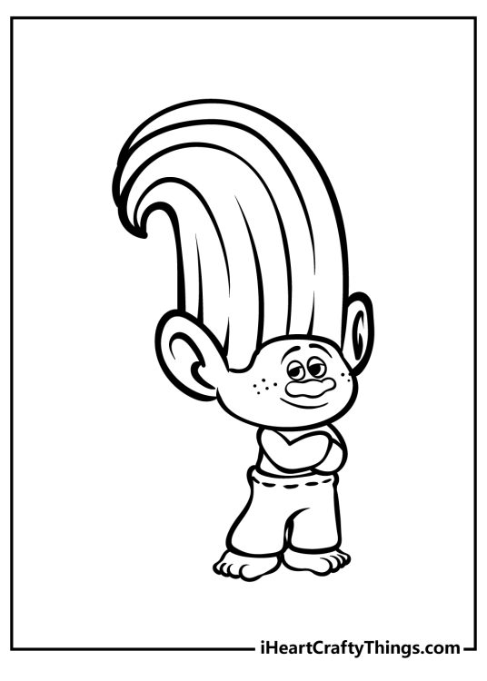 Black-and-white picture for kids of a Troll character Creek posing with arms crossed
