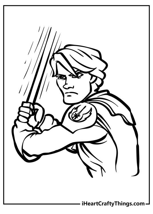 Star Wars-themed printable image of a Anakin Skywalker in a fighting pose with a sword in his hands