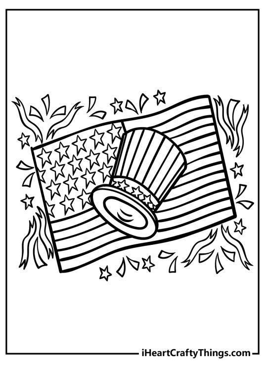 Coloring poster featuring traditional Independence Day hat with a USA flag behind and fireworks around it