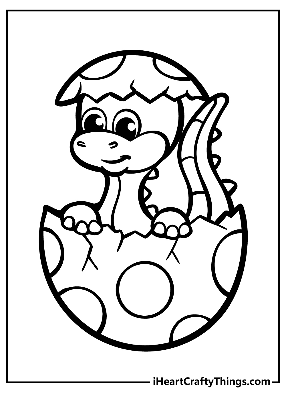 Free coloring sheet for children depicting cute little baby dinosaur emerging from an egg