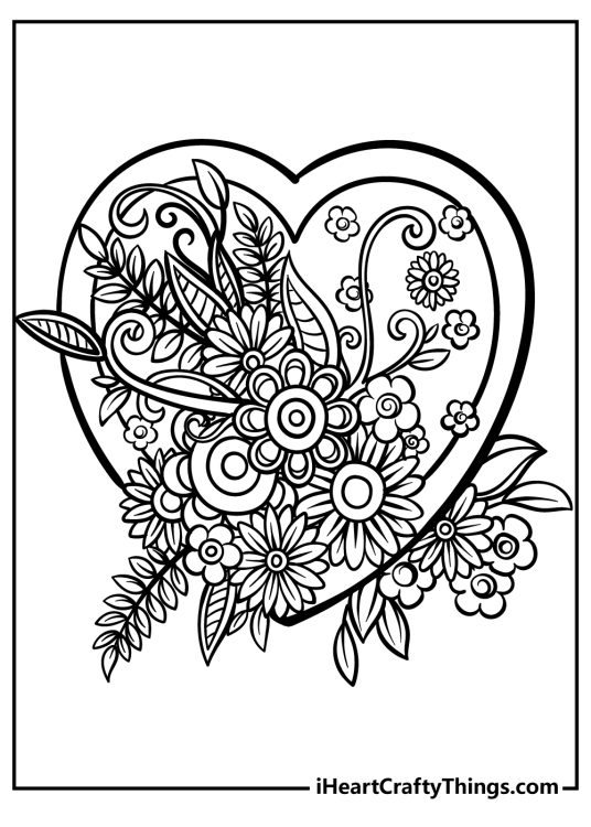 Stress relief detailed coloring page for adults of a heart design with wonderful flowers