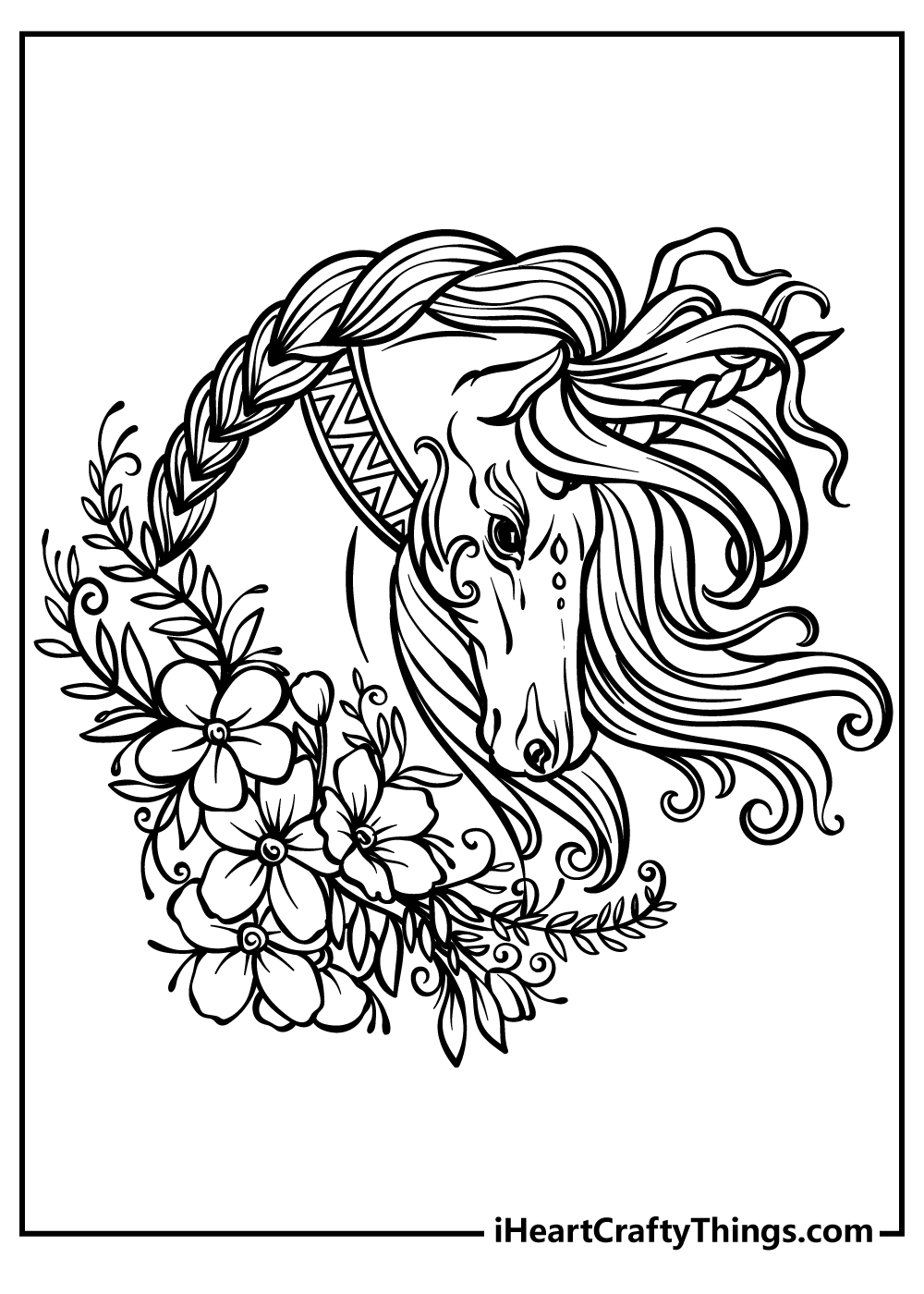 Unicorn portrait surrounded by flowers and a flowing mane detailed coloring picture for adults