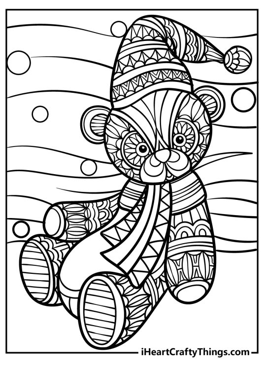 Detailed teddy bear wearing a hat and scarf covered in many fun shapes and details coloring page for adults