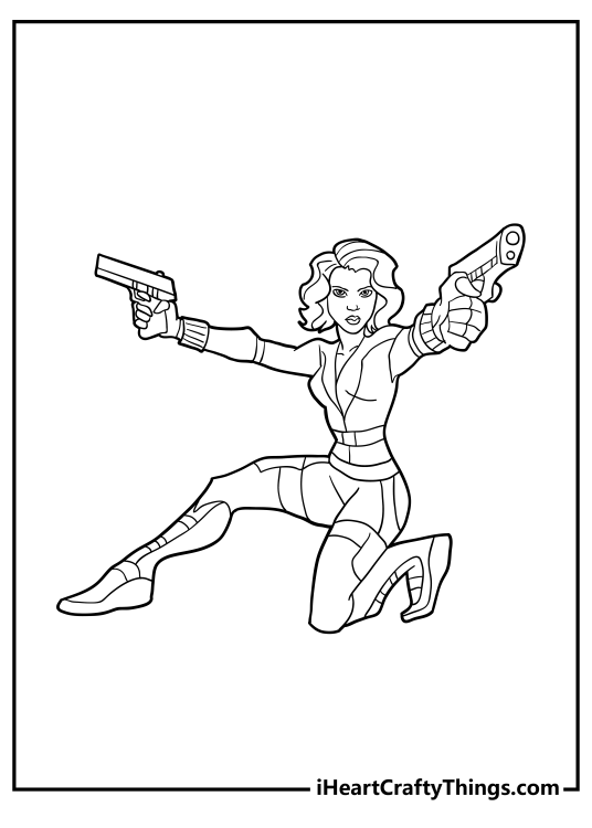 Detailed drawing for kids featuring Black Widow from Avengers in the middle of the action scene