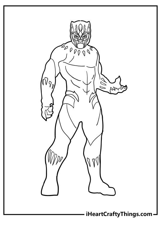 Black-and-white printable image for kids depicting Avengers team member Black Panther