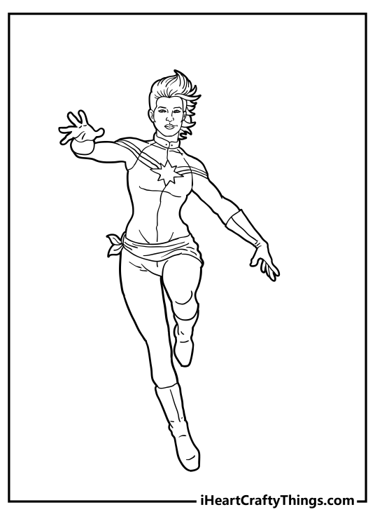 Avengers-themed coloring picture featuring Captain Marvel running in a cool-looking outfit