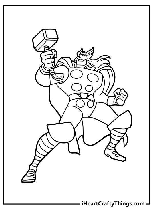 Avengers-themed printable featuring powerful god of thunder Thor holding his hammer