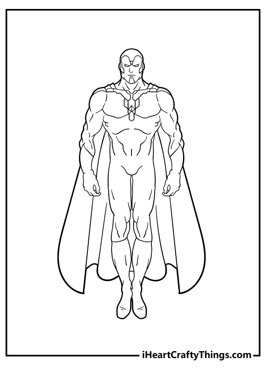 Free printable pdf for kids featuring simple drawing of Avengers character Vision with clear background behind him