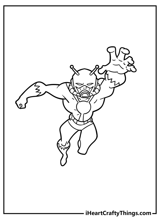 Avengers coloring sheet for kids presenting Ant-Man flying in the air with empty background