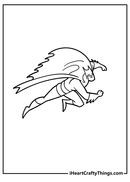 Coloring page for children featuring simple drawing of a Batman leaping into action with clenched fists