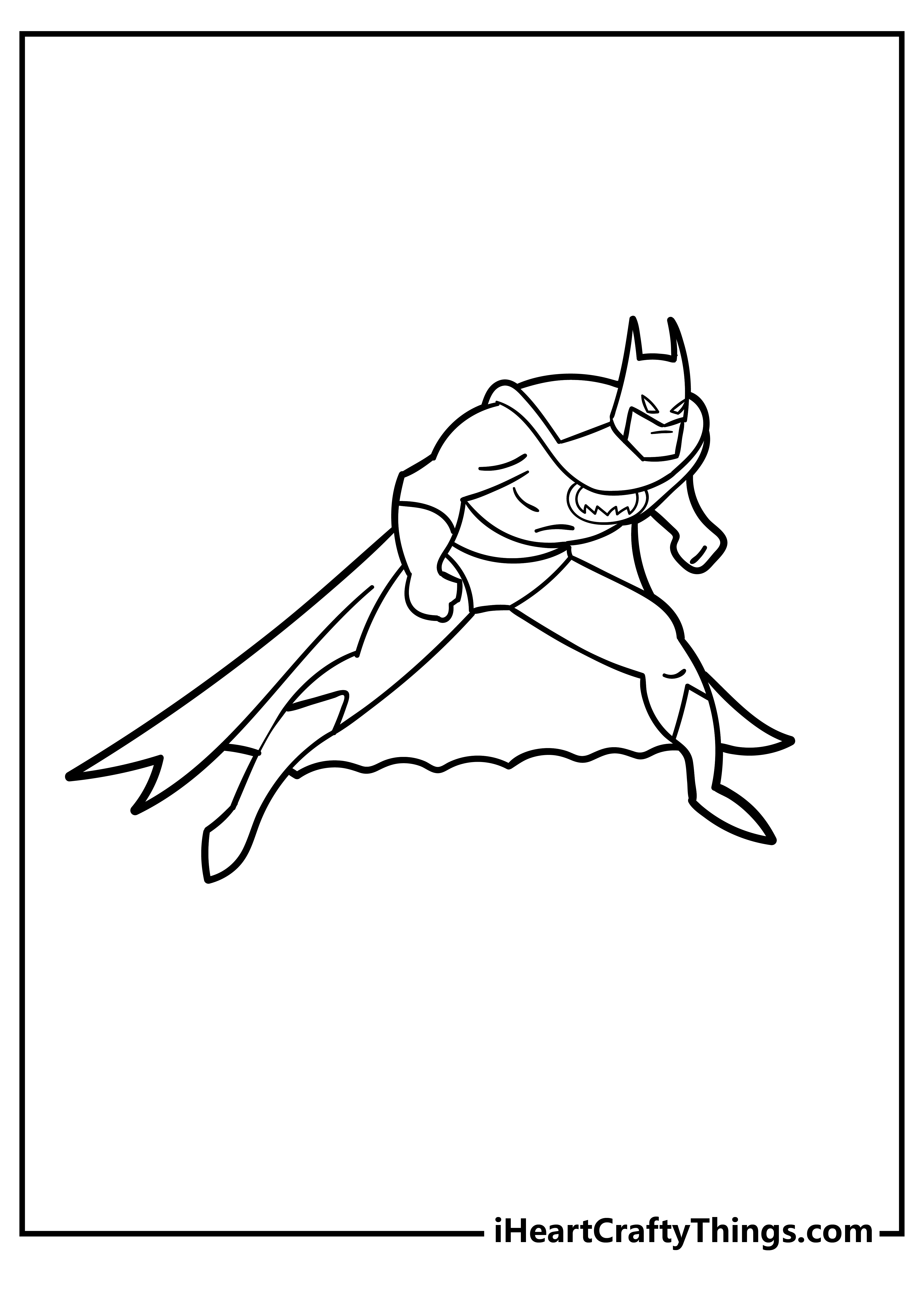 Printable coloring pdf for children presenting cartoony Batman in a pose ready to attack