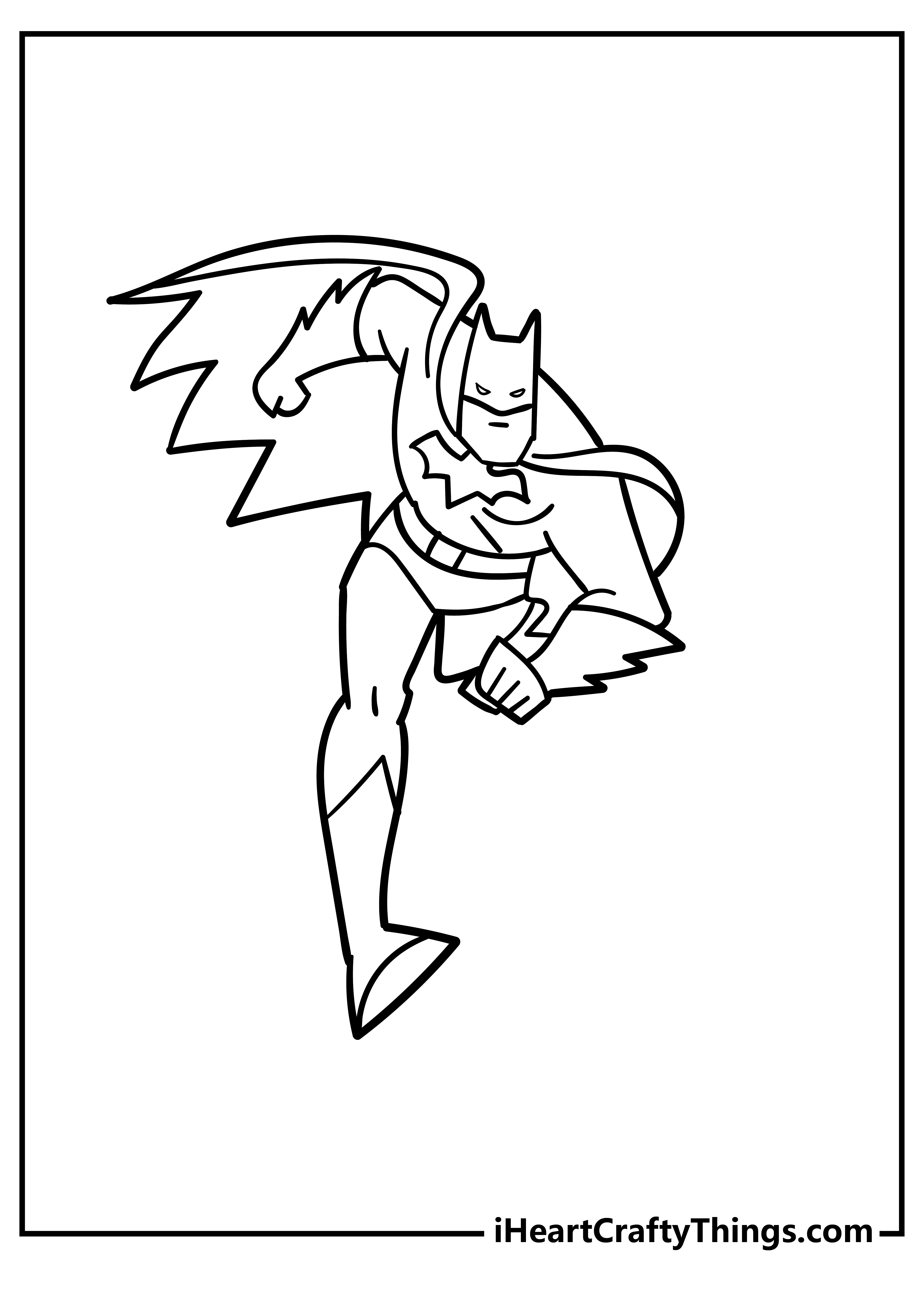 Printable coloring picture capturing Batman running at full speed with blank background