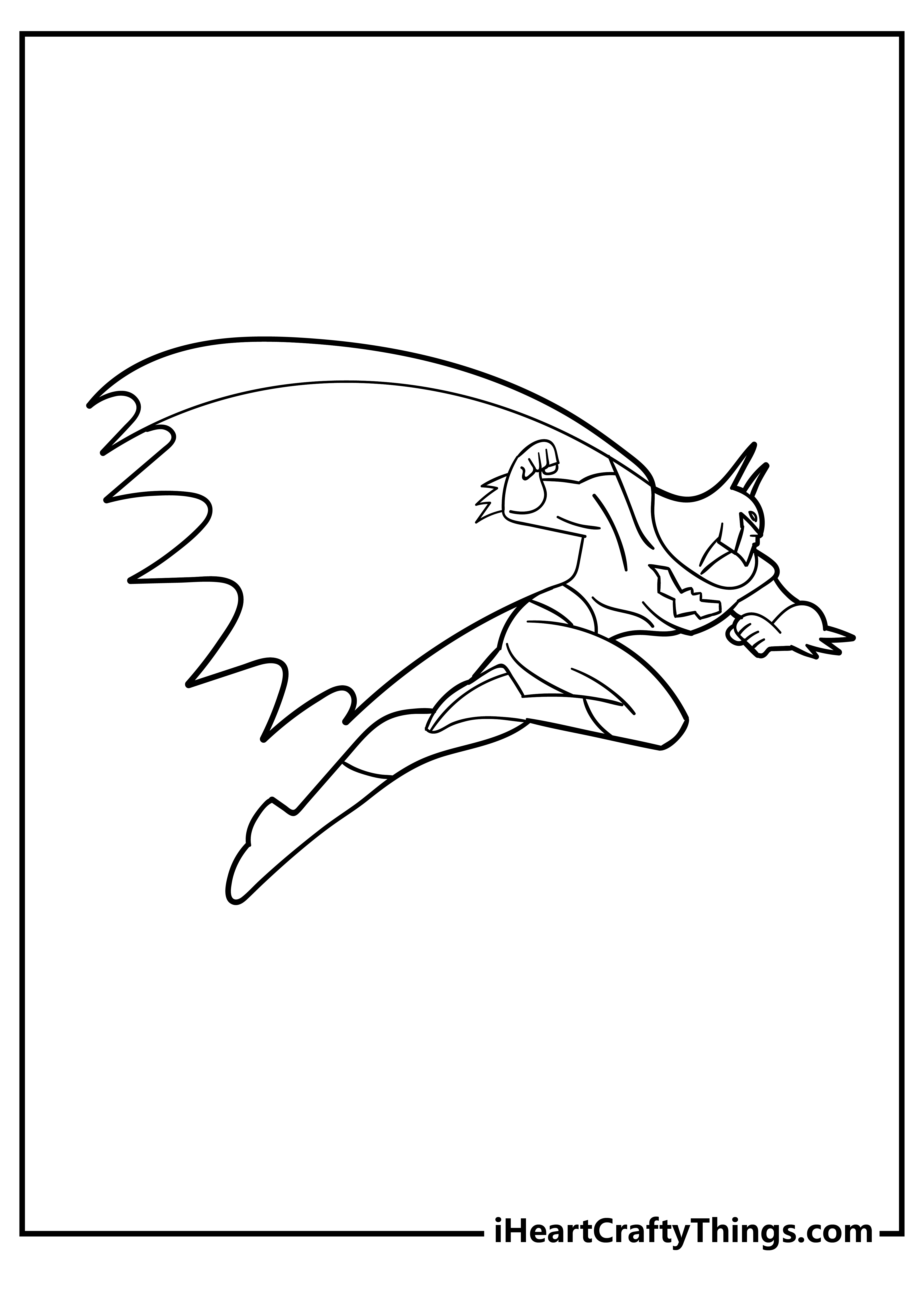 Coloring picture for kids of a Batman leaping forward with an intense look on his face