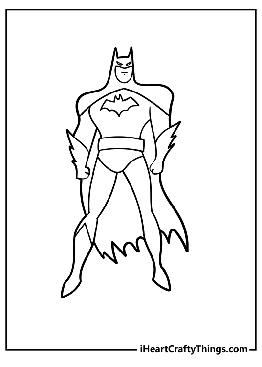 Coloring sheet featuring simple illustration of heroic Batman giving a rare smile
