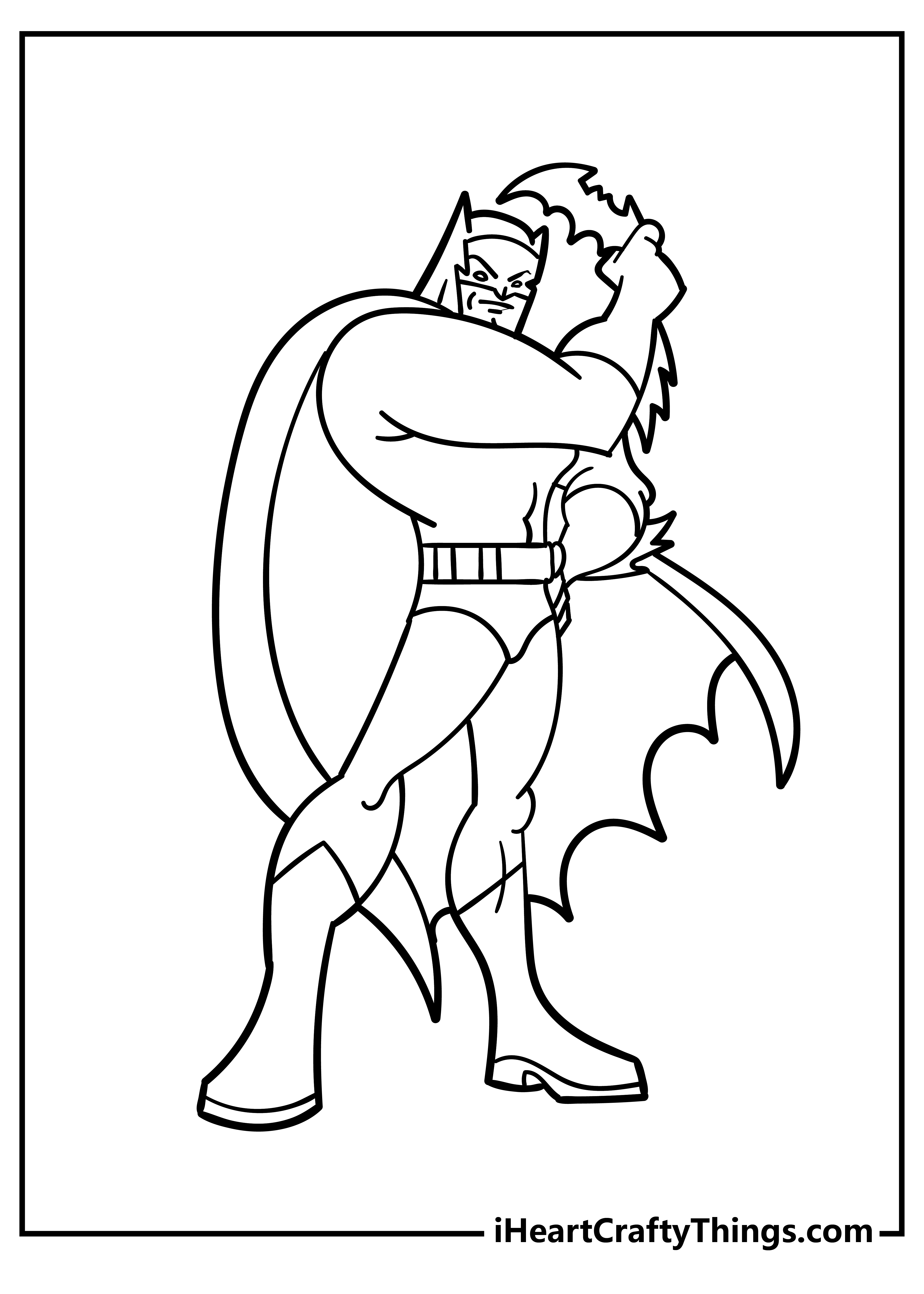 Printable coloring poster depicting cartoony Batman wielding his iconic weapon Batarang