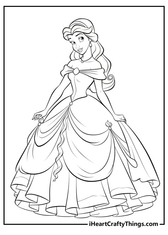 Coloring page of a Belle dressed in an elegant white gown with a sweetheart neckline and off-the-shoulder sleeves