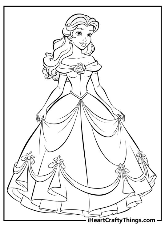 Black-and-white coloring image of a Belle posing in a voluminous gown covered in flowers