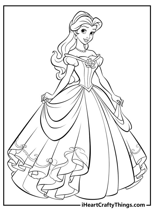 Printable poster featuring Belle with delighted smile wearing a gown with off-the-shoulder sleeves