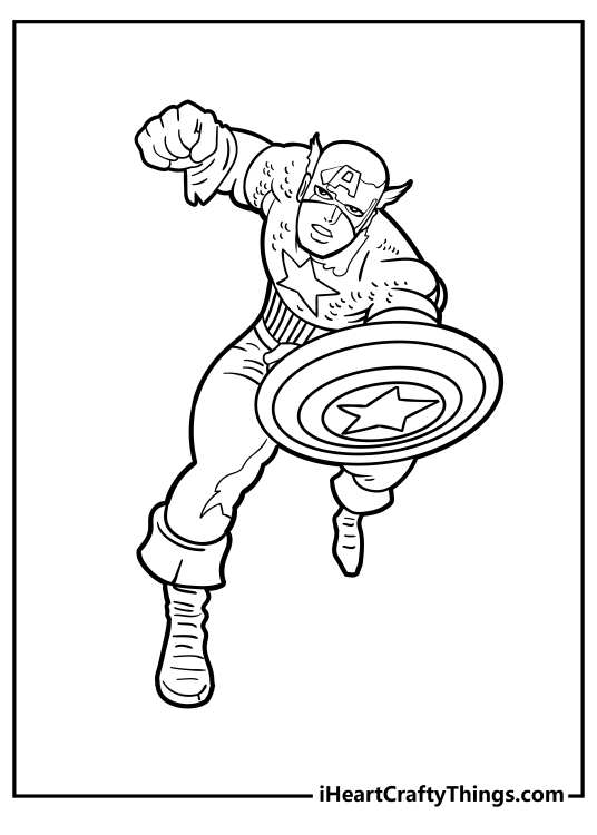 Printable coloring poster for kids featuring patriotic hero Captain America in vintage style