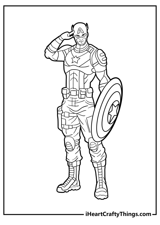 Coloring poster for children featuring Captain America giving a patriotic salute