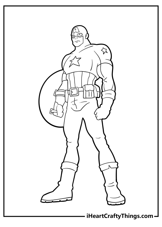 Printable coloring image featuring comics-inspired Captain America in a cool pose