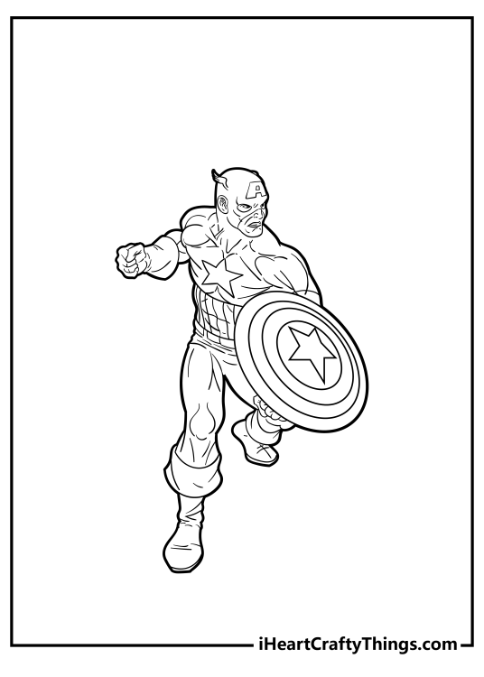 Free comic-inspired printable image for kids featuring Captain America in fight action