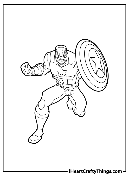 Detailed Captain America coloring page for kids featuring Cap in the heat of battle