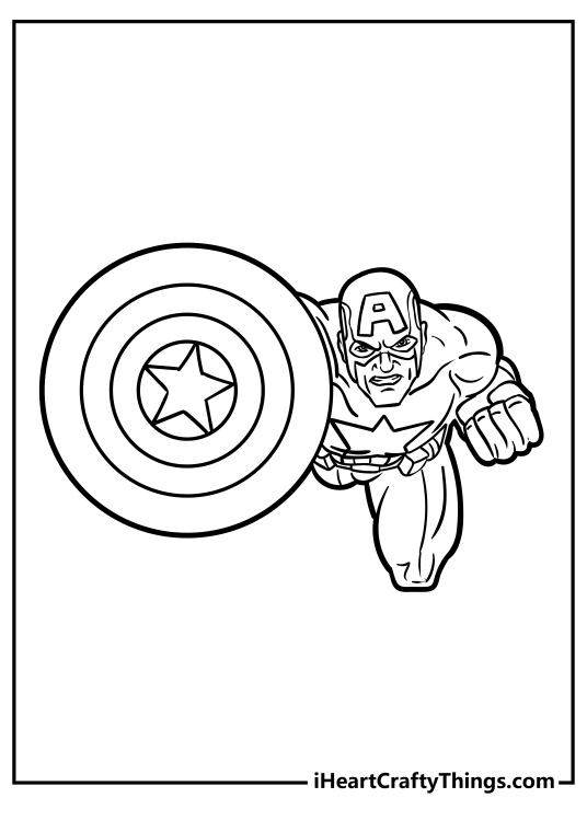 Free printable coloring page of a Captain America in action looking up at us from a top-down view