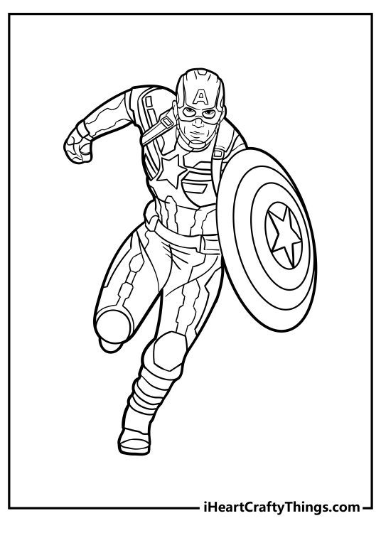 Detailed coloring image featuring a portrayal of Captain America running with his shield