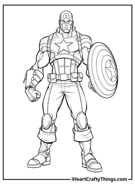 Free printable coloring page of an alert Captain America gripping his shield tight