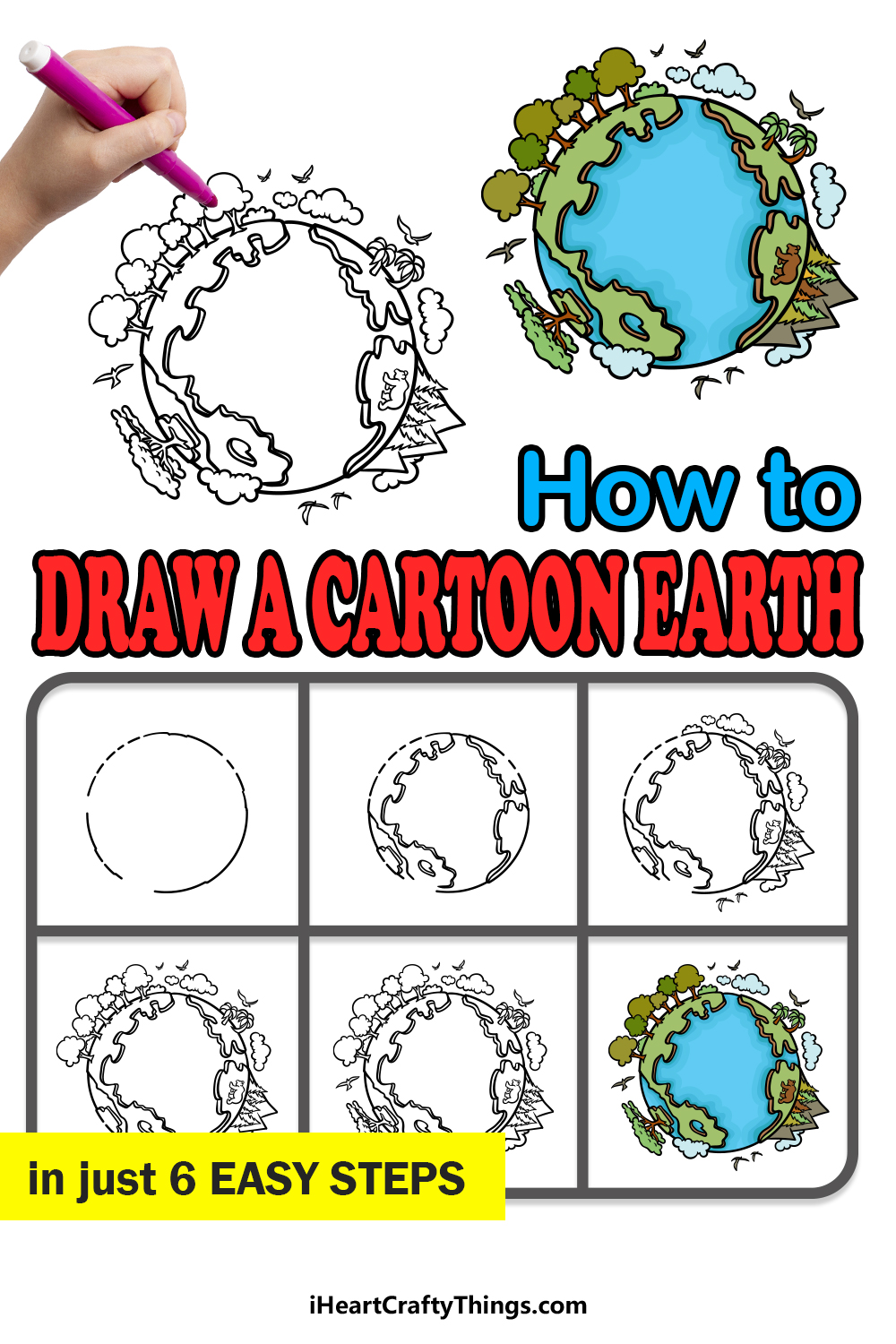 how to draw a cartoon earth in 6 easy steps