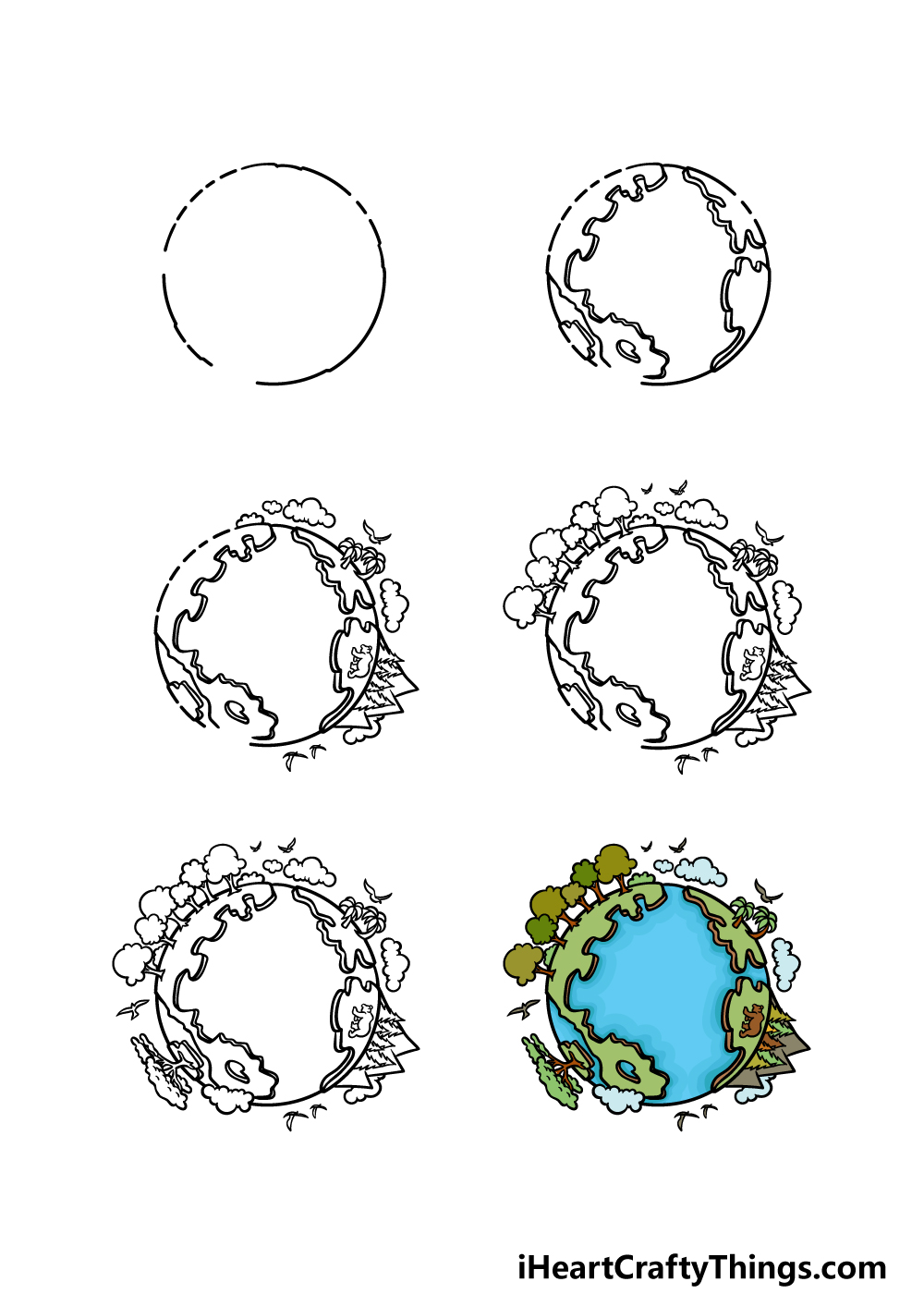 how to draw a cartoon earth in 6 steps