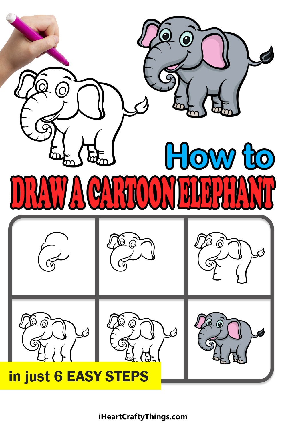 how to draw a cartoon elephant in 6 easy steps