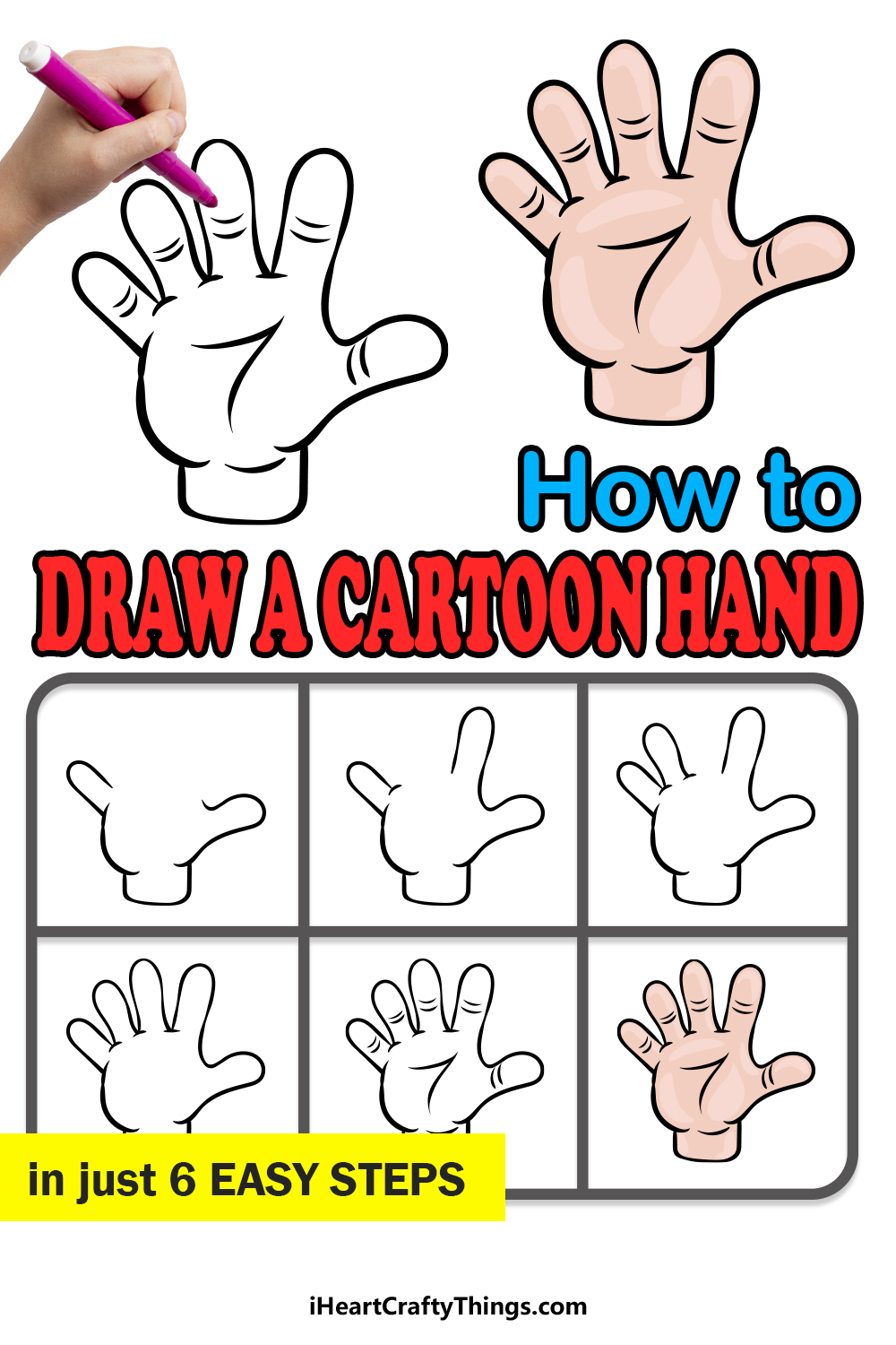 how to draw a cartoon hand in 6 easy steps