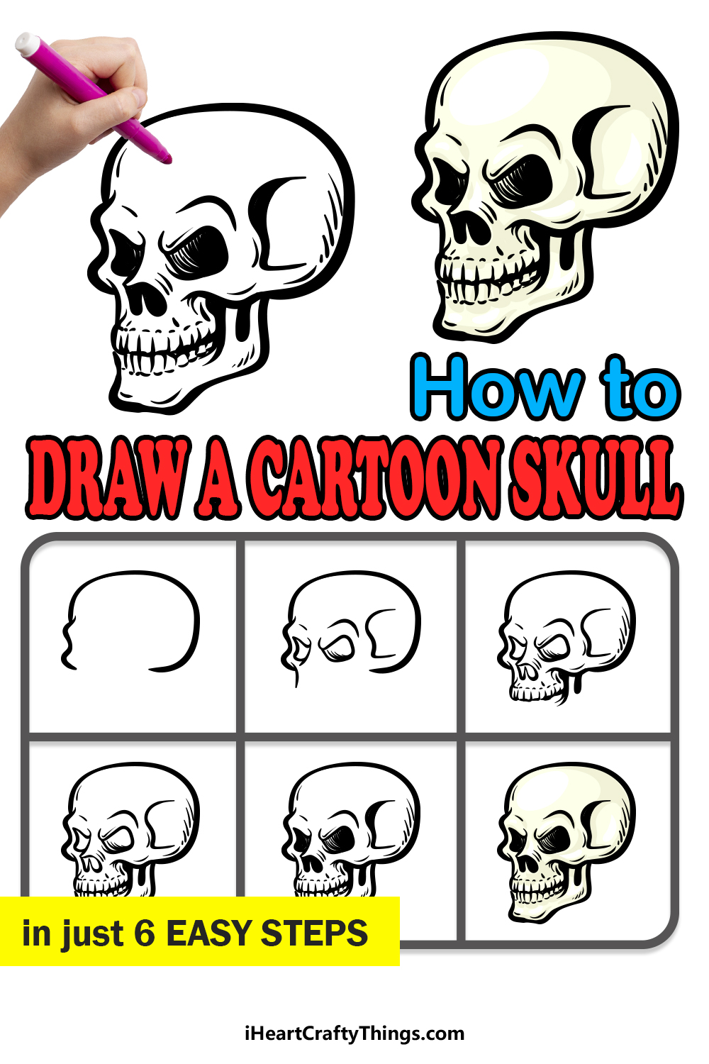 how to draw a cartoon skull in 6 easy steps