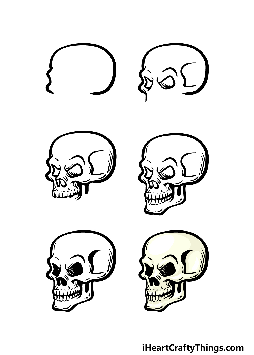 how to draw a cartoon skull in 6 steps
