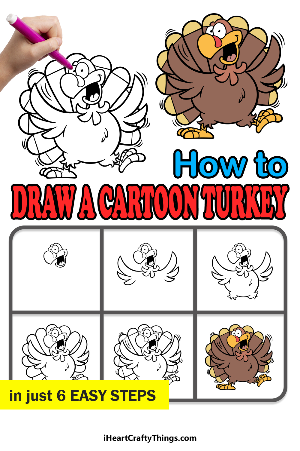 how to draw a cartoon turkey in 6 easy steps