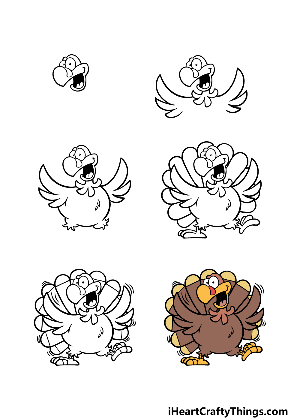 how to draw a cartoon turkey in 6 steps