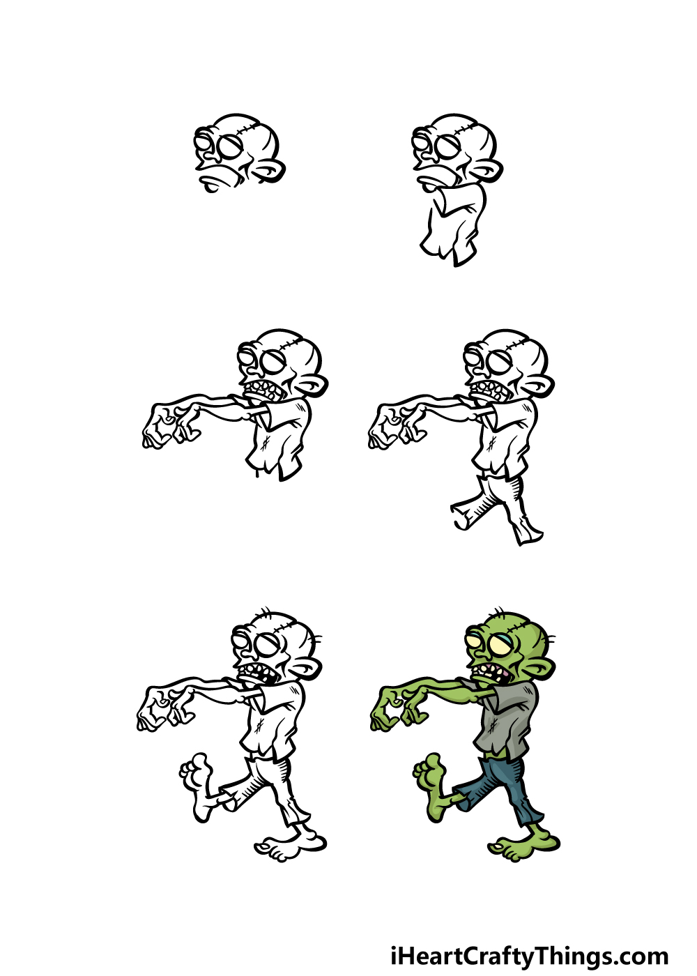 how to draw a cartoon zombie in 6 steps