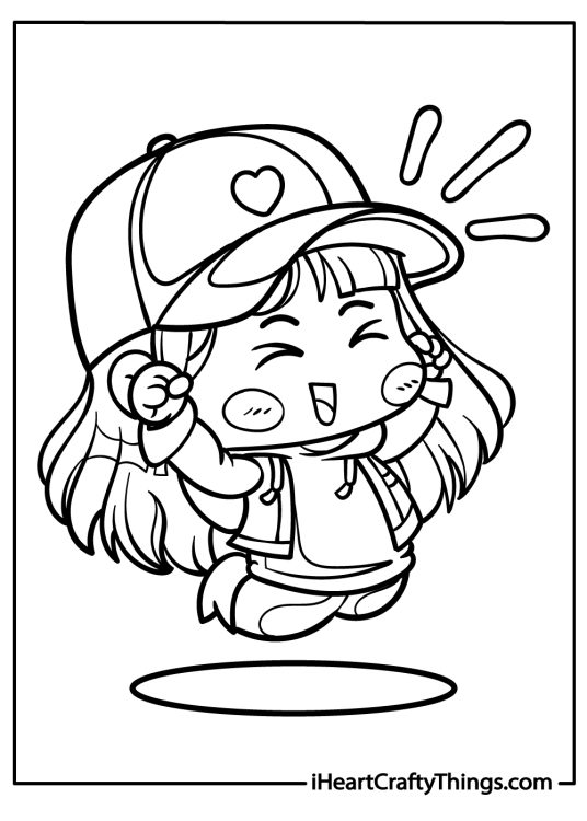 Chibi coloring page of a happy female character with a cap jumping up high with clenched fists
