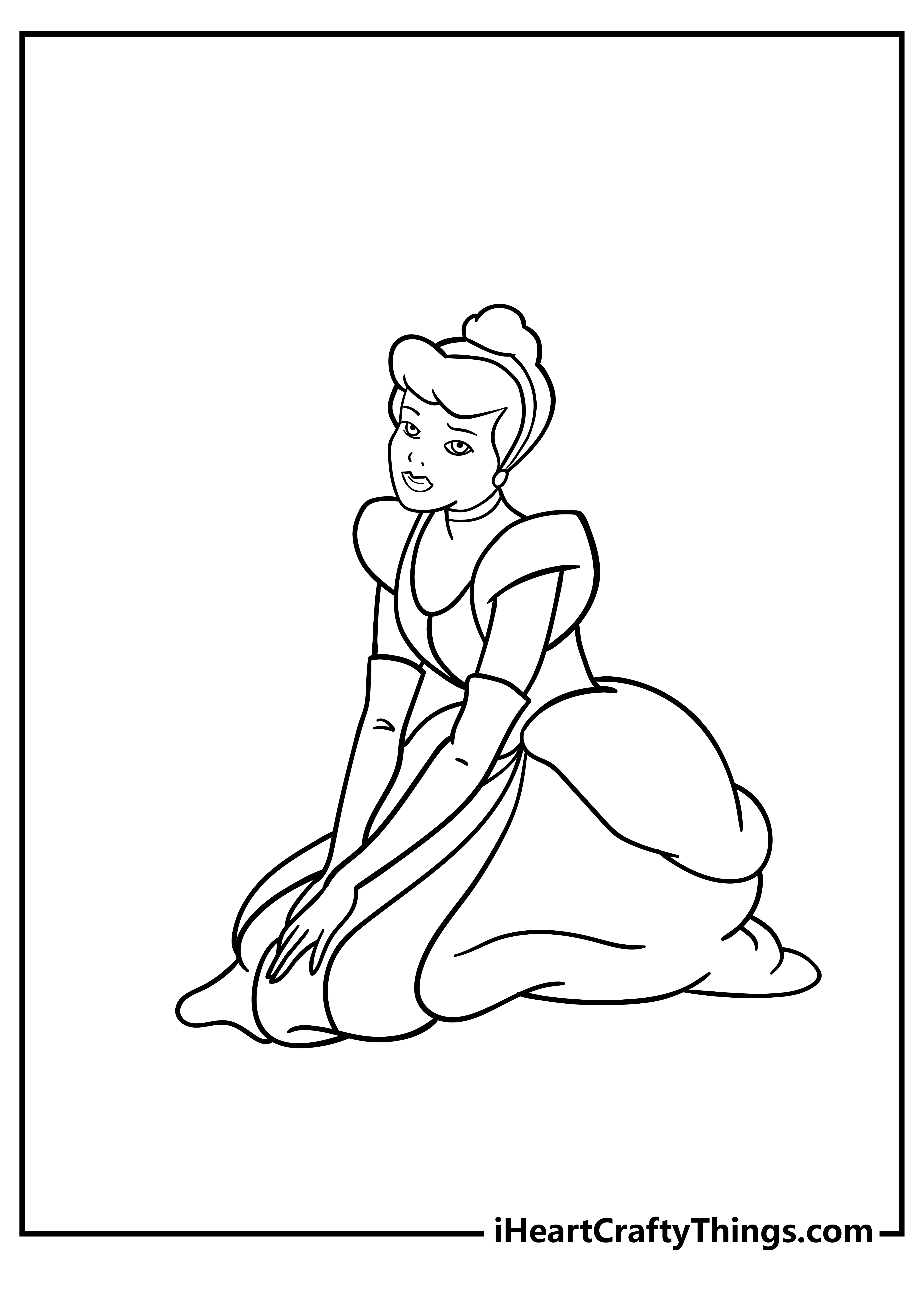 Printable coloring picture for kids featuring Cinderella sitting on the knees in one of her classic outfits