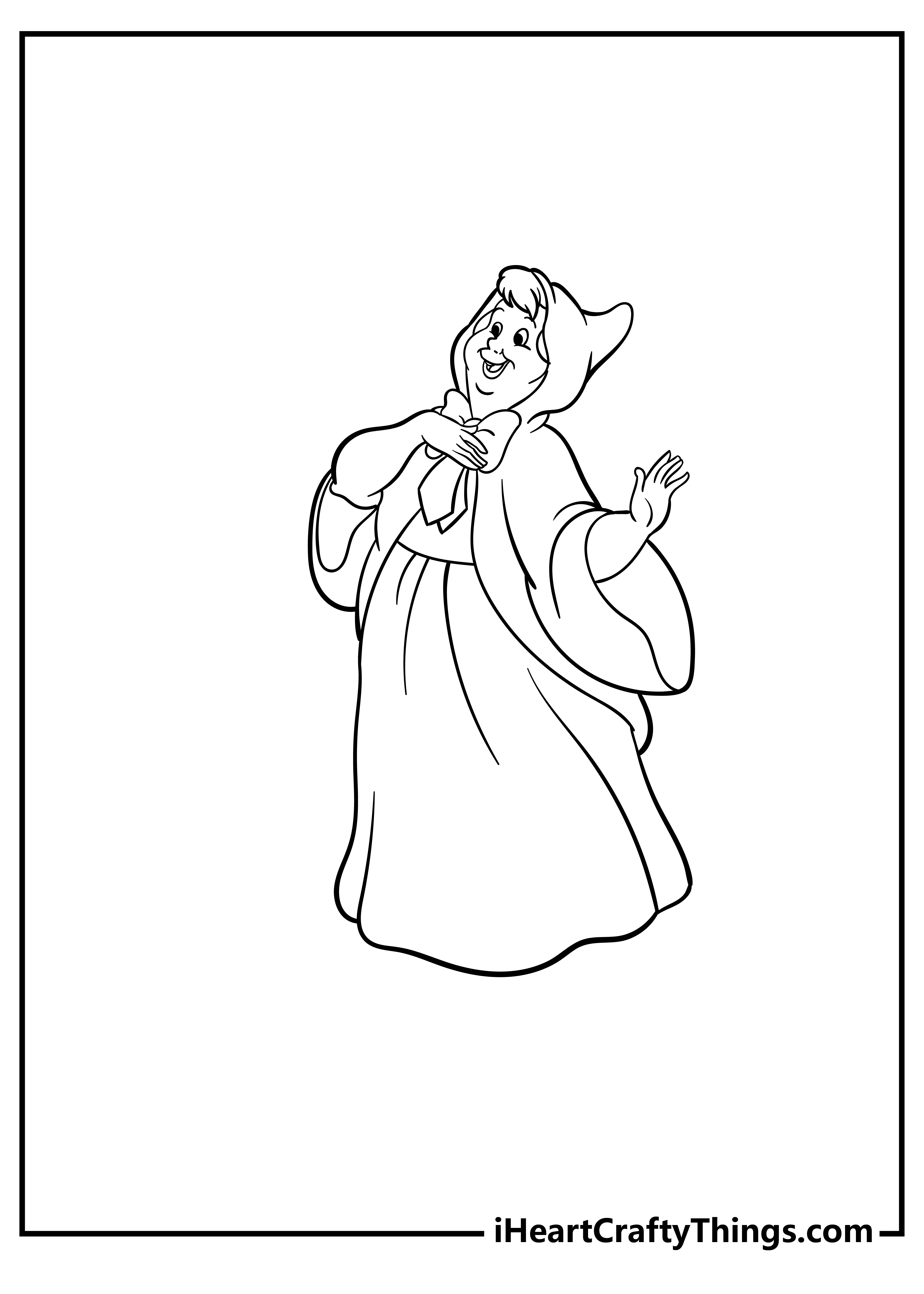 Cinderella coloring printable for kids featuring Fairy Godmother with blank background