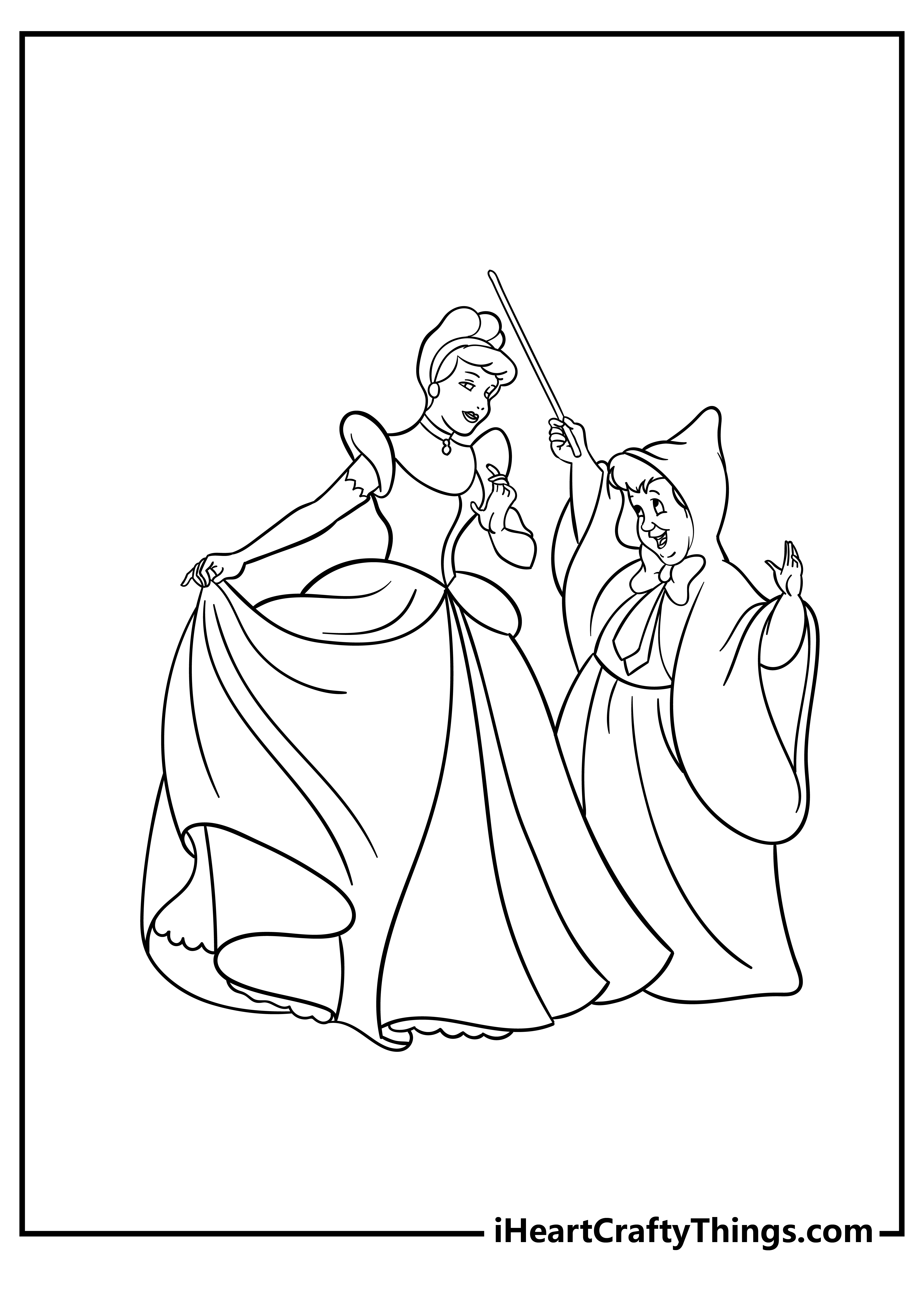 Coloring page featuring Fairy Godmother performing some magical transformations for Cinderella