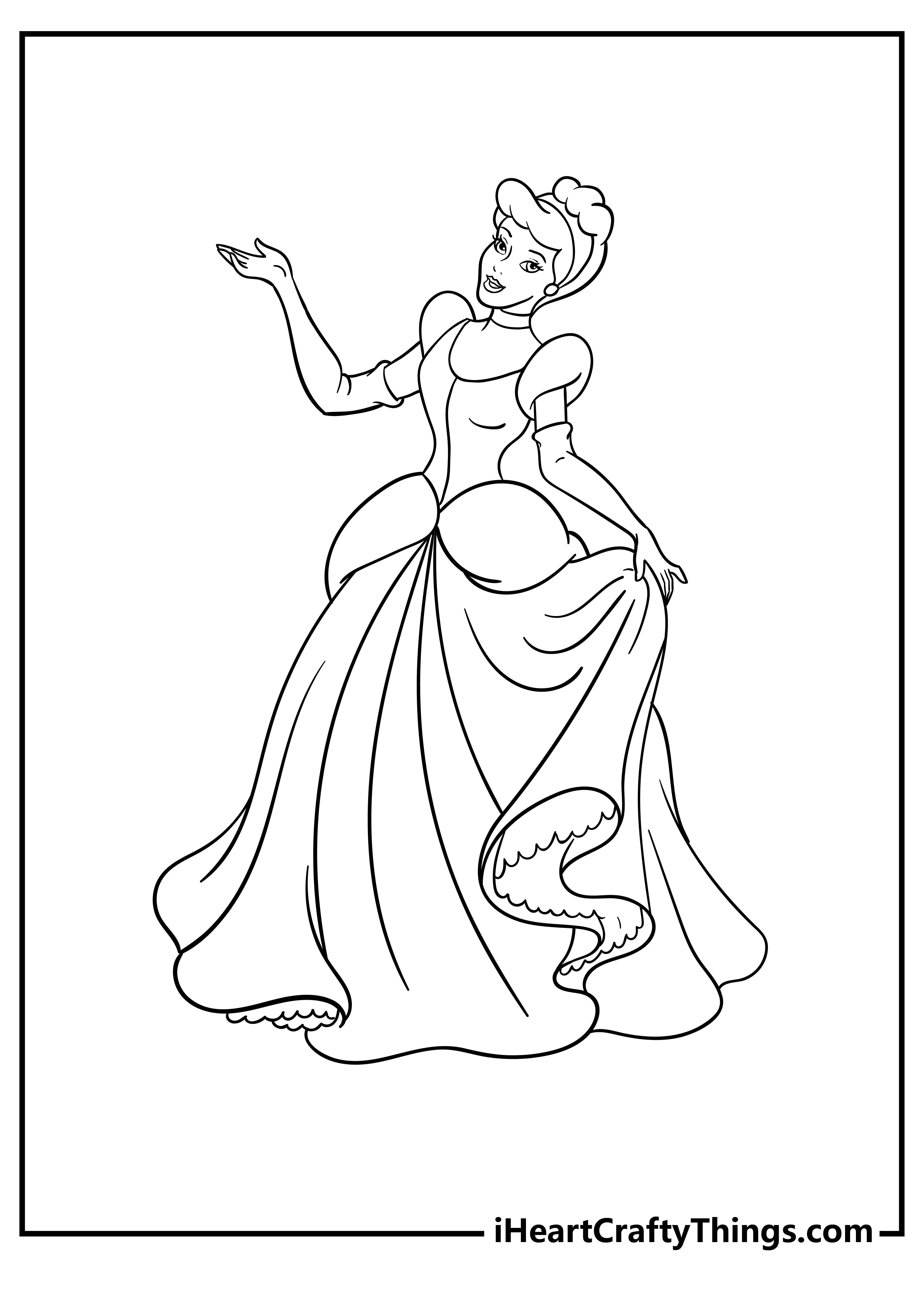 Detailed coloring portrayal for kids of a Cinderella posing in her famous ball gown