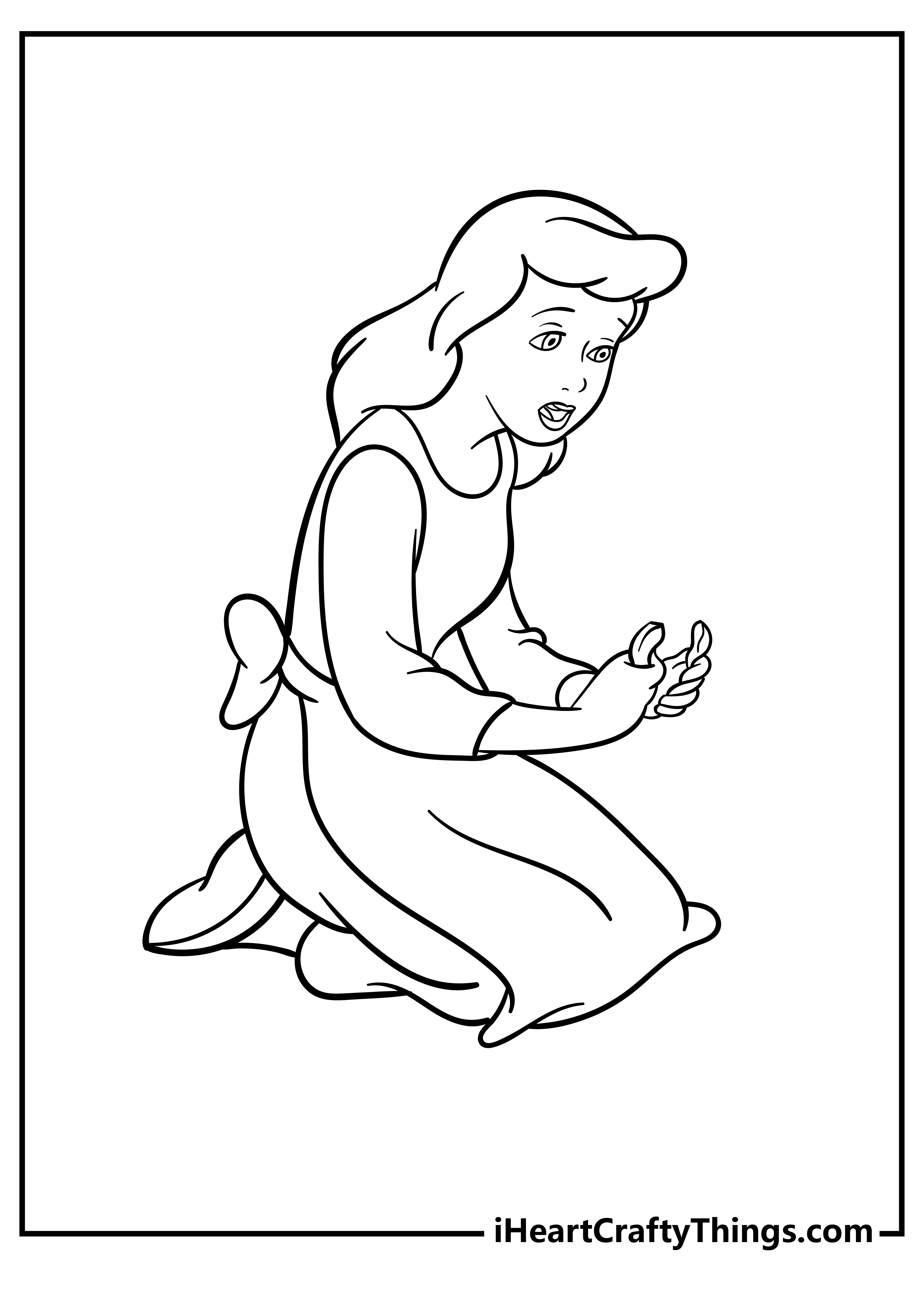 Printable image of a Cinderella sitting on her knees dressed in casual clothes looking a bit distressed