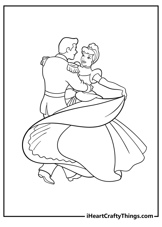 Detailed coloring image featuring magical moment of Cinderella dancing with the prince at a fancy ball