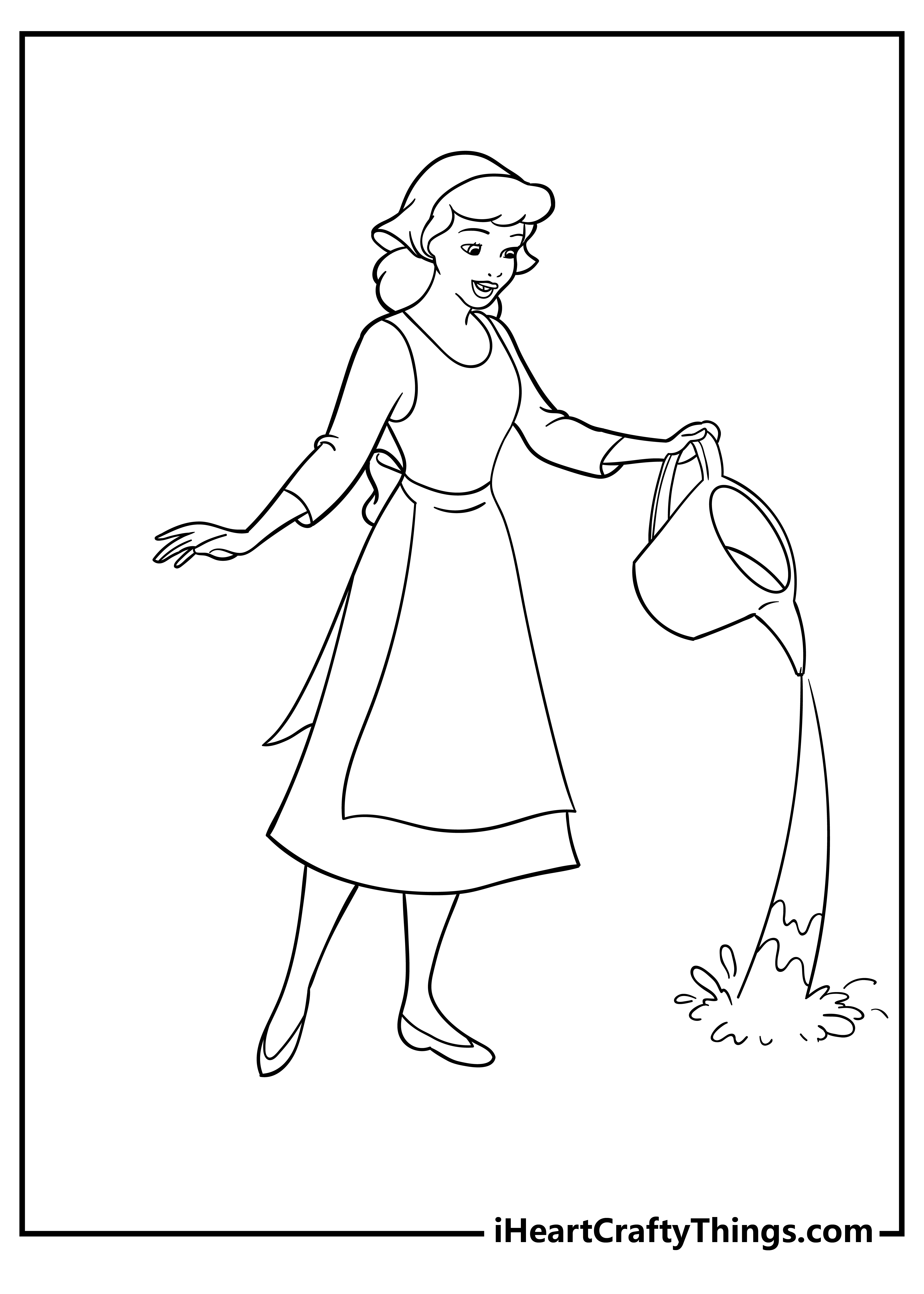 Coloring image for kids of a Cinderella doing some watering with blank background