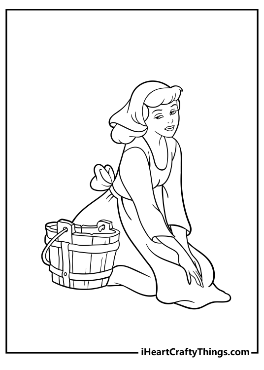 Printable page depicting Cinderella sitting on the knees in her casual clothing with a bucket on the side